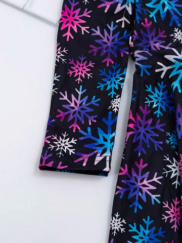 1pc Young Girls Cute Elegant Glamorous Sweet Princess Fantasy Colorful Snowflake Print Round Neck Long Sleeve Party Dress, Spring Summer Autumn