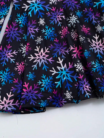 1pc Young Girls Cute Elegant Glamorous Sweet Princess Fantasy Colorful Snowflake Print Round Neck Long Sleeve Party Dress, Spring Summer Autumn