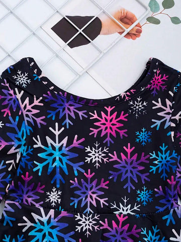 1pc Young Girls Cute Elegant Glamorous Sweet Princess Fantasy Colorful Snowflake Print Round Neck Long Sleeve Party Dress, Spring Summer Autumn