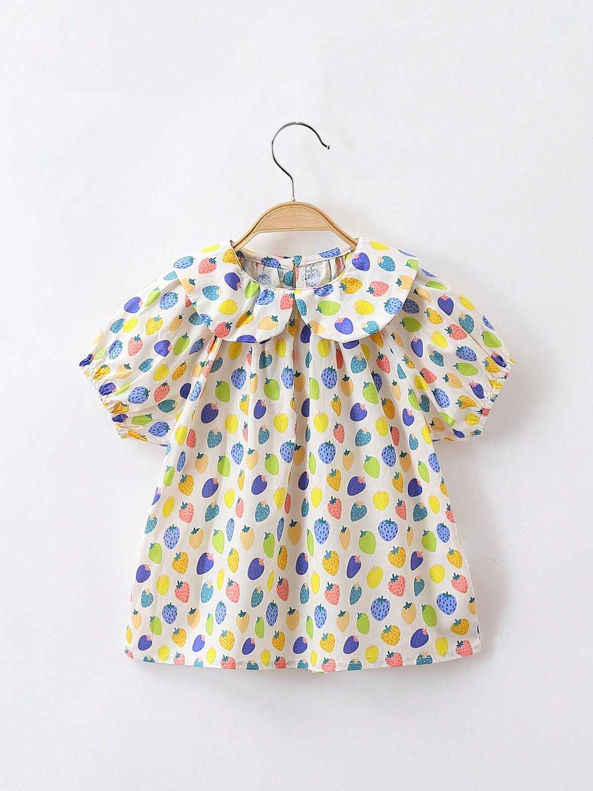 1pc Young Girls' Cute Multicolor Strawberry Print Short Sleeve Doll Collar Shirt For Summer