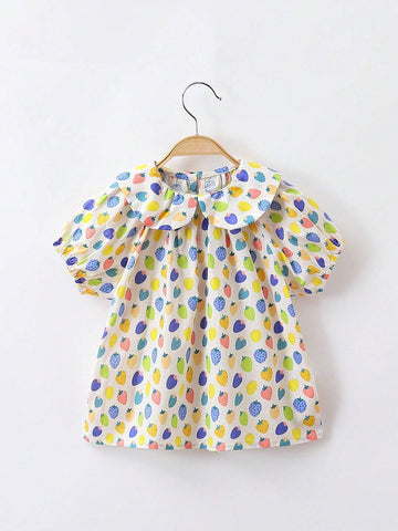 1pc Young Girls' Cute Multicolor Strawberry Print Short Sleeve Doll Collar Shirt For Summer