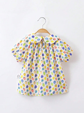 1pc Young Girls' Cute Multicolor Strawberry Print Short Sleeve Doll Collar Shirt For Summer