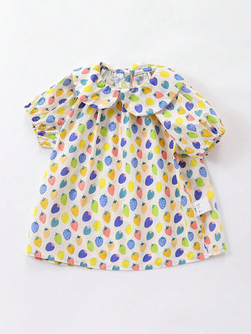 1pc Young Girls' Cute Multicolor Strawberry Print Short Sleeve Doll Collar Shirt For Summer