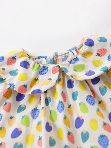 1pc Young Girls' Cute Multicolor Strawberry Print Short Sleeve Doll Collar Shirt For Summer