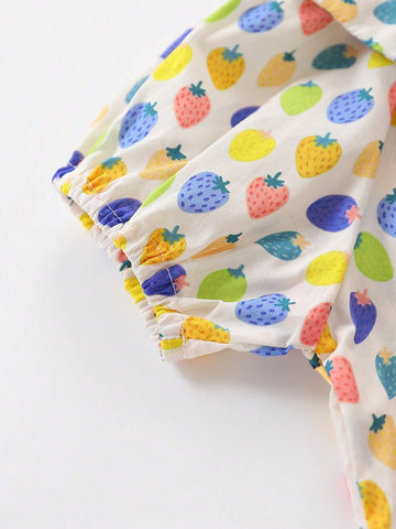 1pc Young Girls' Cute Multicolor Strawberry Print Short Sleeve Doll Collar Shirt For Summer