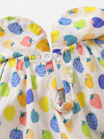 1pc Young Girls' Cute Multicolor Strawberry Print Short Sleeve Doll Collar Shirt For Summer