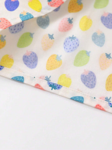 1pc Young Girls' Cute Multicolor Strawberry Print Short Sleeve Doll Collar Shirt For Summer