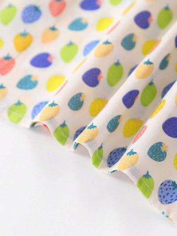 1pc Young Girls' Cute Multicolor Strawberry Print Short Sleeve Doll Collar Shirt For Summer