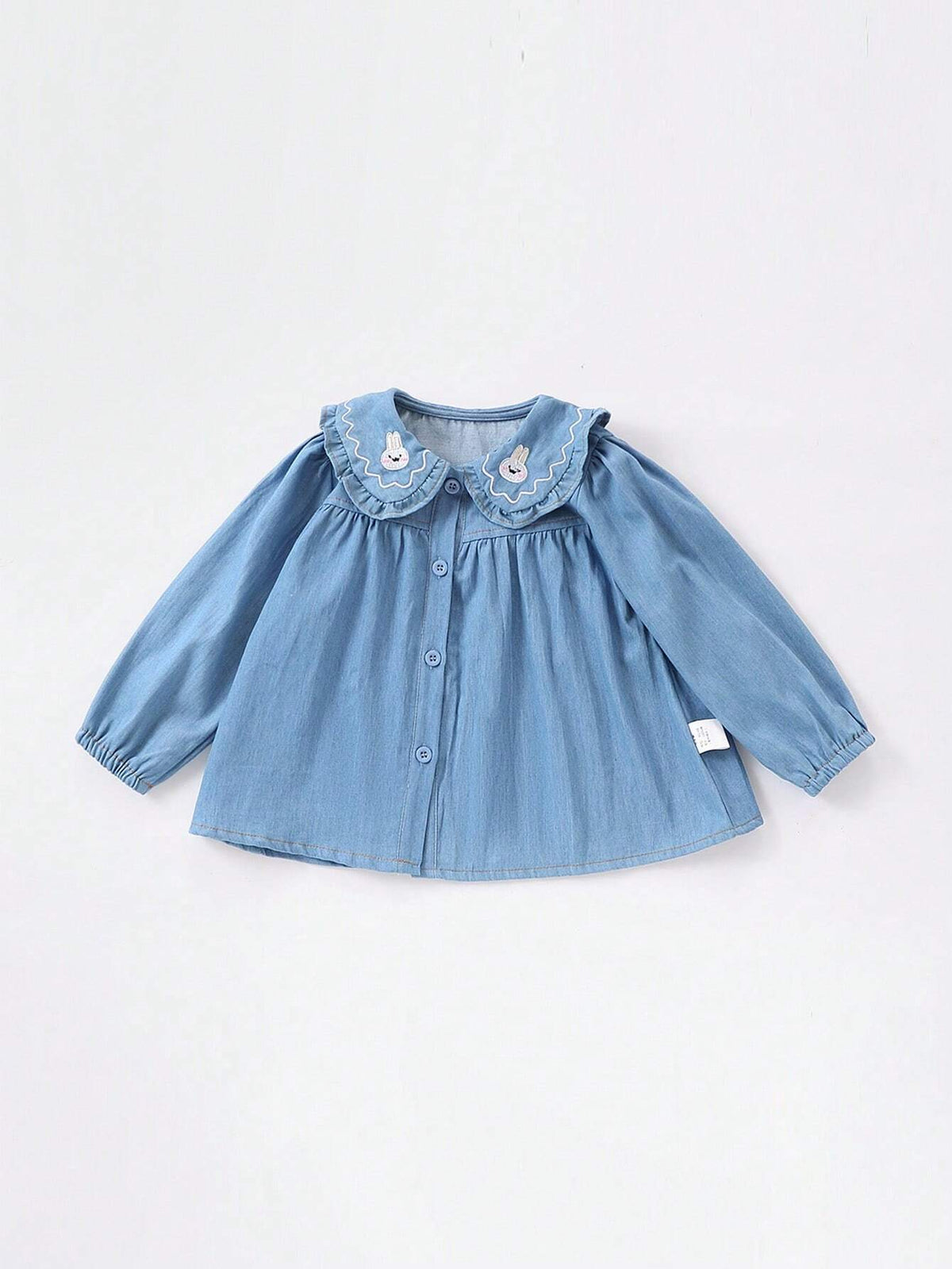 1pc Young Girls' Cute Rabbit Embroidered Peter Pan Collar Long Sleeve Blouse, Spring & Autumn