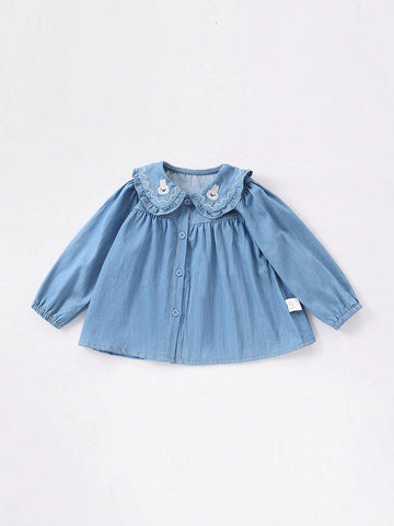 1pc Young Girls' Cute Rabbit Embroidered Peter Pan Collar Long Sleeve Blouse, Spring & Autumn