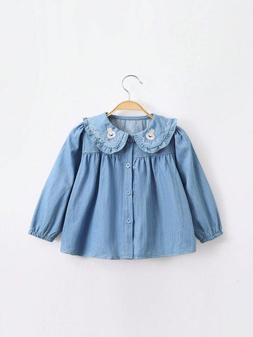 1pc Young Girls' Cute Rabbit Embroidered Peter Pan Collar Long Sleeve Blouse, Spring & Autumn