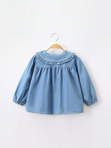1pc Young Girls' Cute Rabbit Embroidered Peter Pan Collar Long Sleeve Blouse, Spring & Autumn