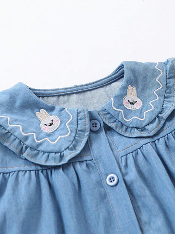 1pc Young Girls' Cute Rabbit Embroidered Peter Pan Collar Long Sleeve Blouse, Spring & Autumn