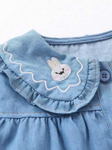 1pc Young Girls' Cute Rabbit Embroidered Peter Pan Collar Long Sleeve Blouse, Spring & Autumn