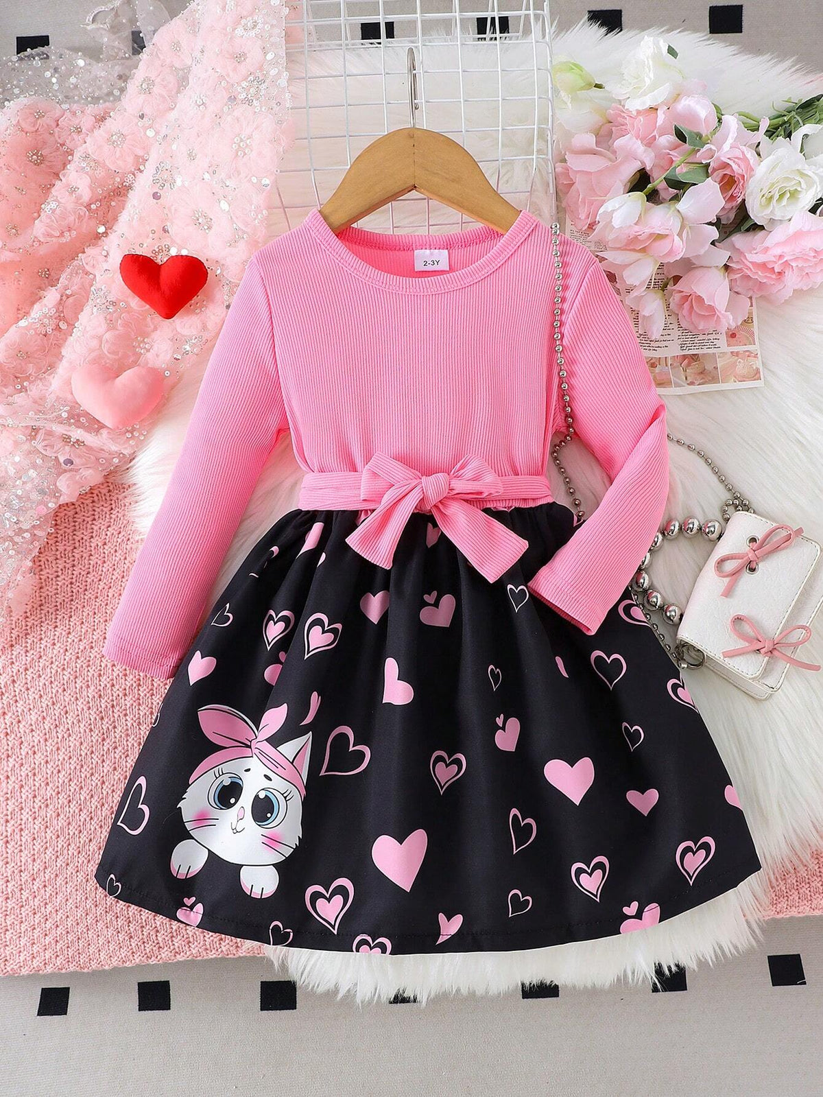 1pc Young Girls' Cute Ribbed Long Sleeve Top With Cat & Heart Print Dress Outfit, Autumn/Winter