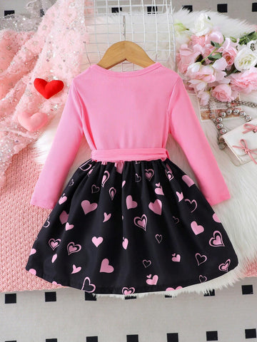 1pc Young Girls' Cute Ribbed Long Sleeve Top With Cat & Heart Print Dress Outfit, Autumn/Winter