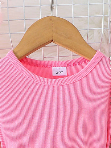 1pc Young Girls' Cute Ribbed Long Sleeve Top With Cat & Heart Print Dress Outfit, Autumn/Winter