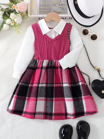 1pc Young Girls Fashion Casual 2 In 1 Solid Shirt With Striped Vest And Mesh Hem Dress, Autumn/Winter