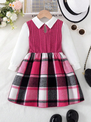 1pc Young Girls Fashion Casual 2 In 1 Solid Shirt With Striped Vest And Mesh Hem Dress, Autumn/Winter