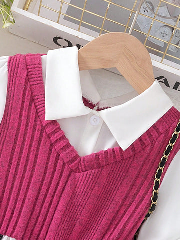 1pc Young Girls Fashion Casual 2 In 1 Solid Shirt With Striped Vest And Mesh Hem Dress, Autumn/Winter