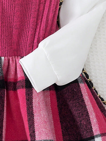 1pc Young Girls Fashion Casual 2 In 1 Solid Shirt With Striped Vest And Mesh Hem Dress, Autumn/Winter