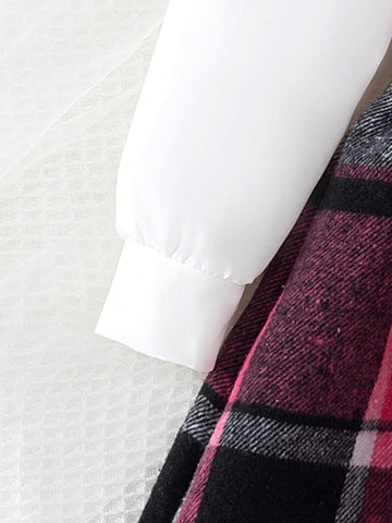 1pc Young Girls Fashion Casual 2 In 1 Solid Shirt With Striped Vest And Mesh Hem Dress, Autumn/Winter