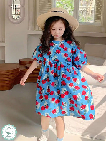 1pc Young Girls' Floral Printed Princess Dress With Blue Base And Red Flowers For Summer
