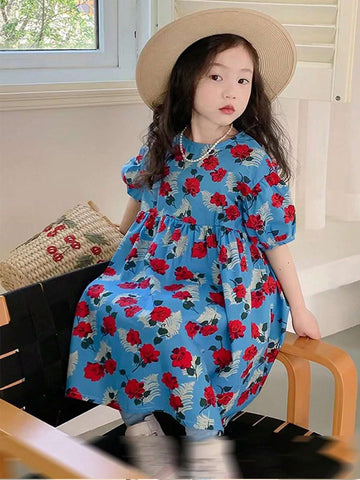 1pc Young Girls' Floral Printed Princess Dress With Blue Base And Red Flowers For Summer