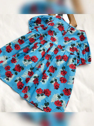1pc Young Girls' Floral Printed Princess Dress With Blue Base And Red Flowers For Summer