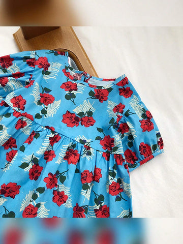 1pc Young Girls' Floral Printed Princess Dress With Blue Base And Red Flowers For Summer