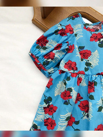 1pc Young Girls' Floral Printed Princess Dress With Blue Base And Red Flowers For Summer