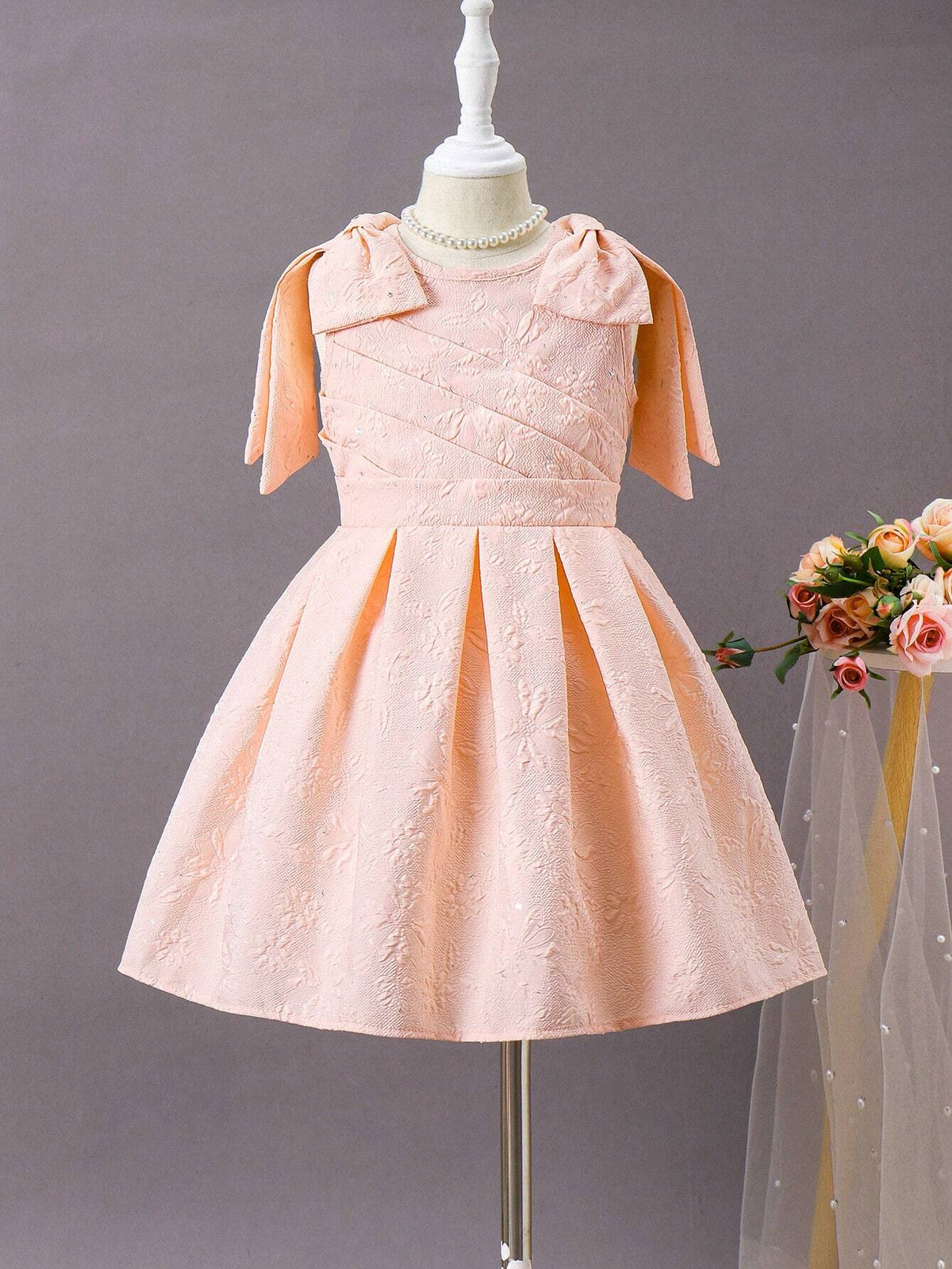 1pc Young Girl's Gorgeous Pink Dress With Double-Shoulder Big Bow Decoration