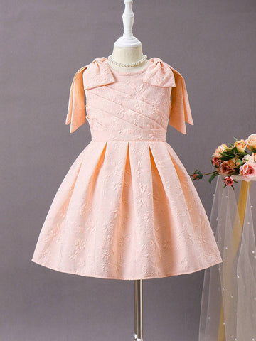 1pc Young Girl's Gorgeous Pink Dress With Double-Shoulder Big Bow Decoration