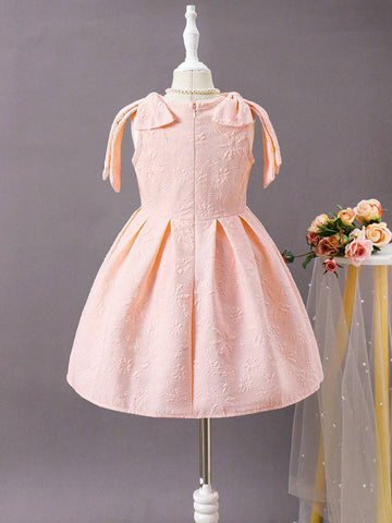 1pc Young Girl's Gorgeous Pink Dress With Double-Shoulder Big Bow Decoration