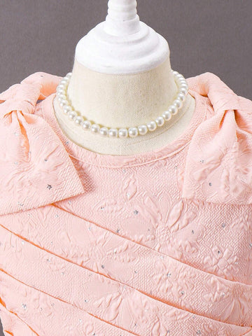 1pc Young Girl's Gorgeous Pink Dress With Double-Shoulder Big Bow Decoration