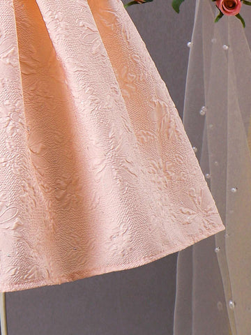 1pc Young Girl's Gorgeous Pink Dress With Double-Shoulder Big Bow Decoration