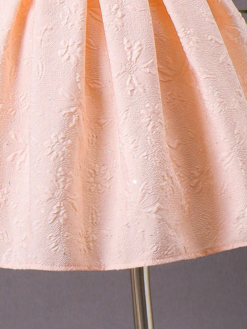 1pc Young Girl's Gorgeous Pink Dress With Double-Shoulder Big Bow Decoration