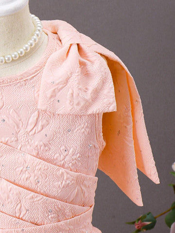 1pc Young Girl's Gorgeous Pink Dress With Double-Shoulder Big Bow Decoration