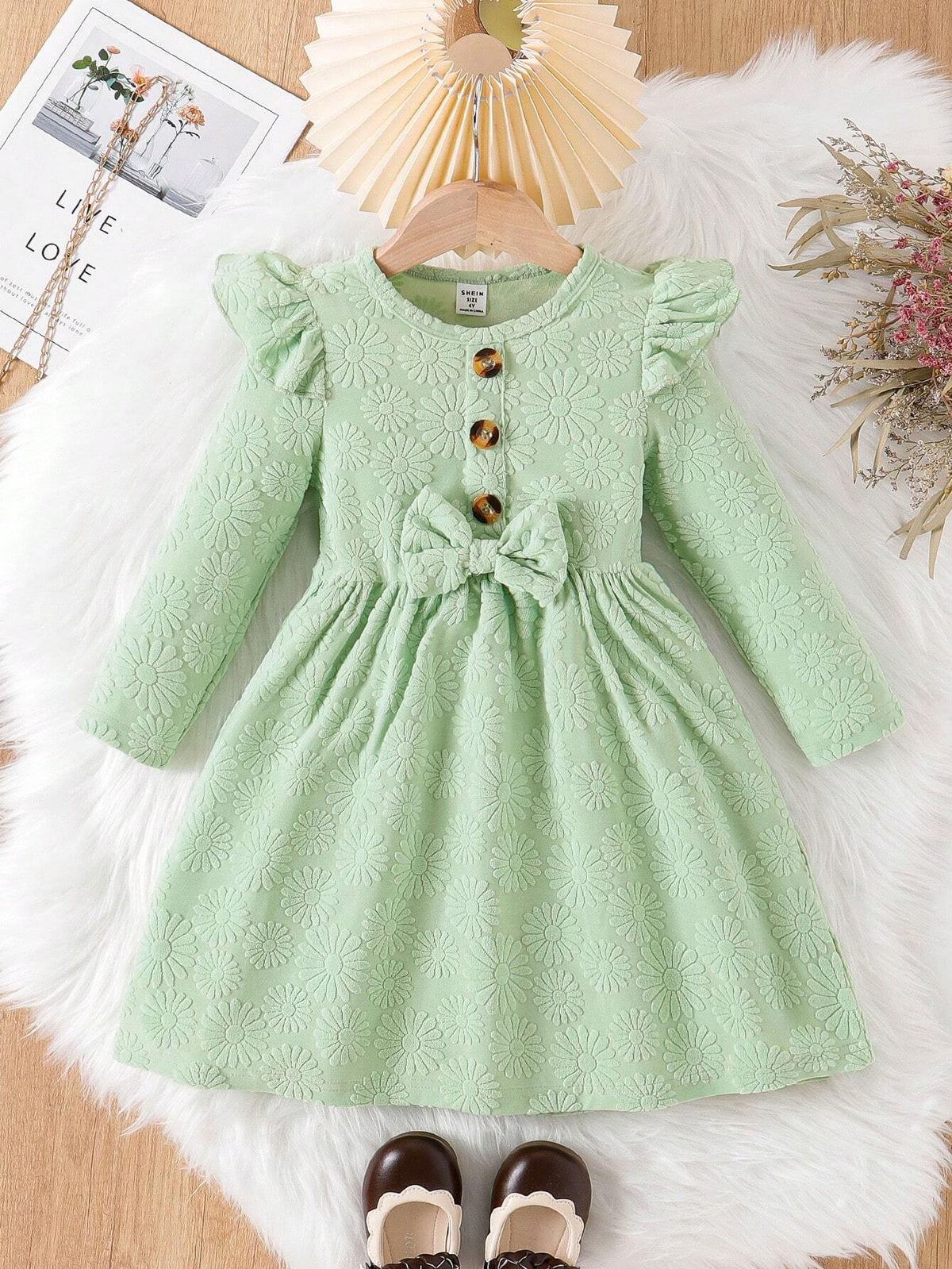 1pc Young Girls Green Flounce Sleeve Casual Dress, Fall/Winter