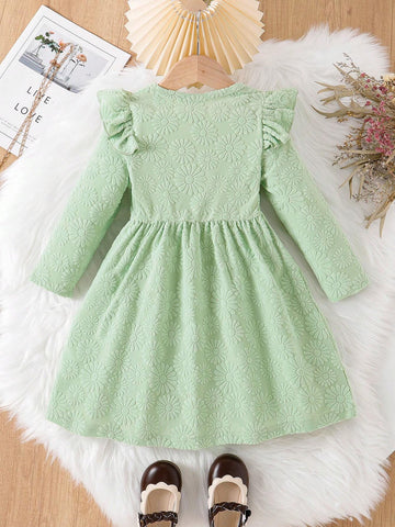 1pc Young Girls Green Flounce Sleeve Casual Dress, Fall/Winter