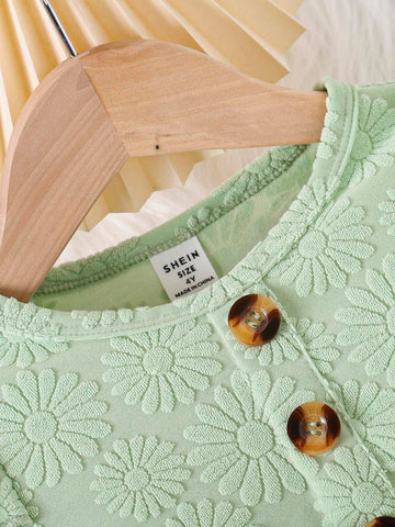 1pc Young Girls Green Flounce Sleeve Casual Dress, Fall/Winter