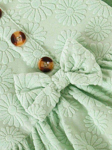 1pc Young Girls Green Flounce Sleeve Casual Dress, Fall/Winter