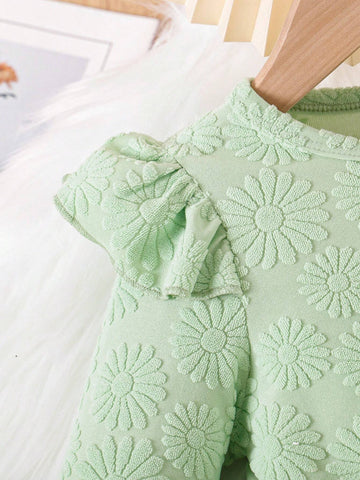 1pc Young Girls Green Flounce Sleeve Casual Dress, Fall/Winter