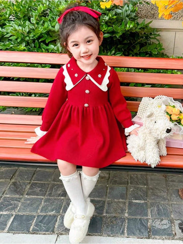1pc Young Girl's Korean Style Fashion Wine Red Long Sleeve Dress