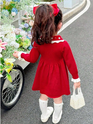 1pc Young Girl's Korean Style Fashion Wine Red Long Sleeve Dress