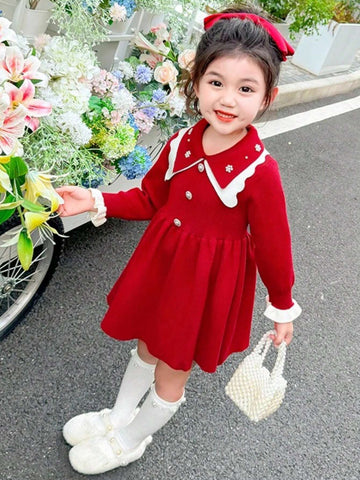 1pc Young Girl's Korean Style Fashion Wine Red Long Sleeve Dress