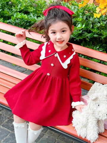 1pc Young Girl's Korean Style Fashion Wine Red Long Sleeve Dress