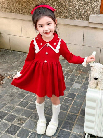1pc Young Girl's Korean Style Fashion Wine Red Long Sleeve Dress