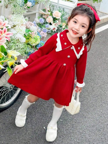 1pc Young Girl's Korean Style Fashion Wine Red Long Sleeve Dress