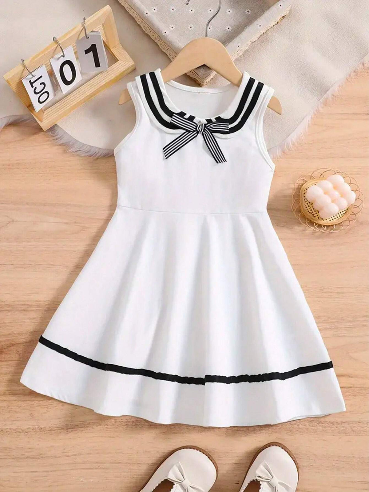 1pc Young Girls' Lovely Casual & Elegant Navy Style Sleeveless Dress With Flared Dress And Mandarin Collar, Suitable For Summer And Autumn